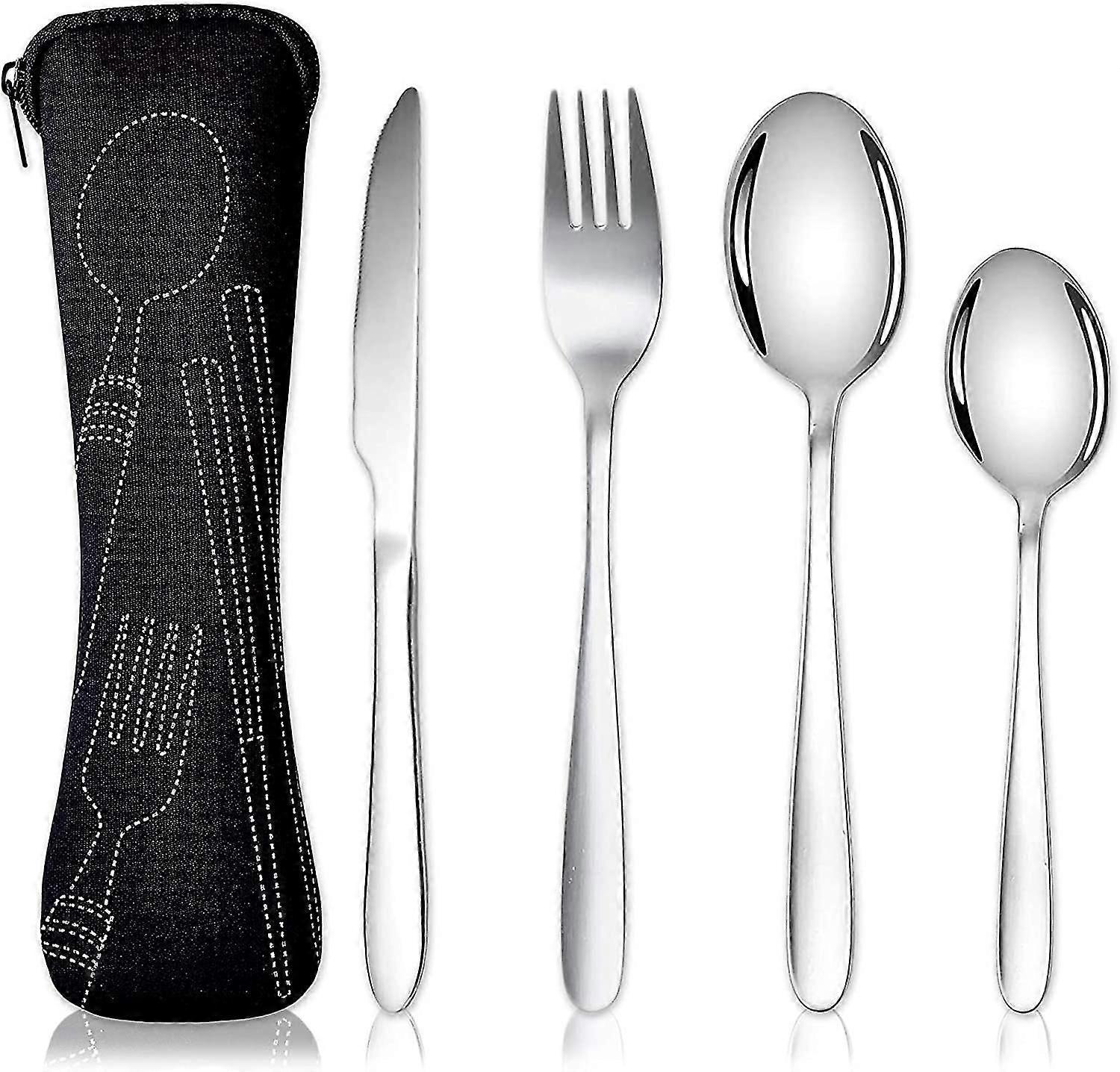 Set di posate con custodia portatile, set di posate in acciaio inossidabile per campeggio (4 pezzi neri)