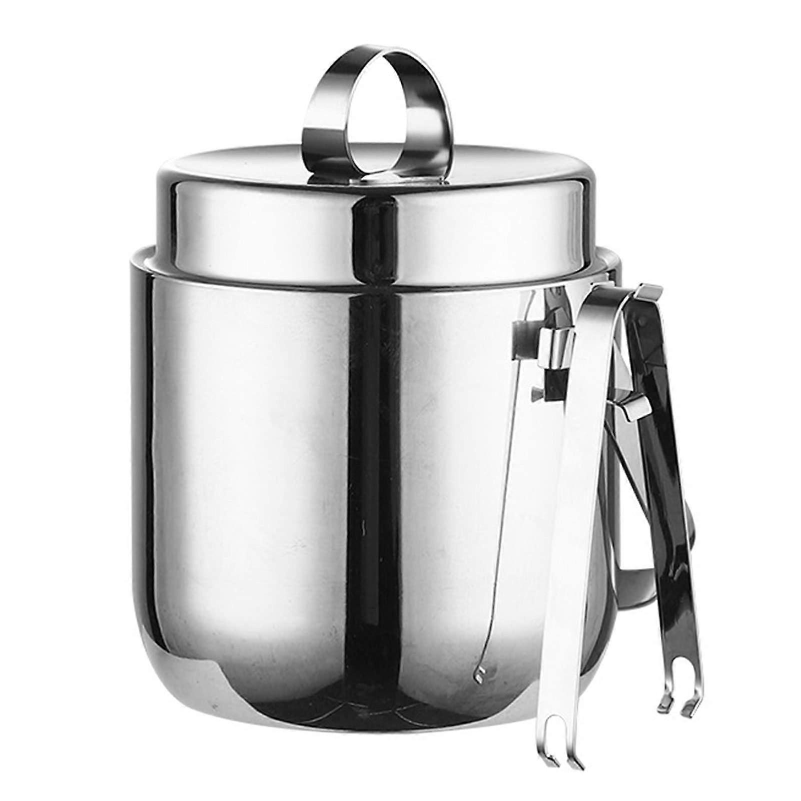 Ice Bucket Stainless Steel DoubleWall Insulated Ice Cube Container Includes Tongs And Lid Silver