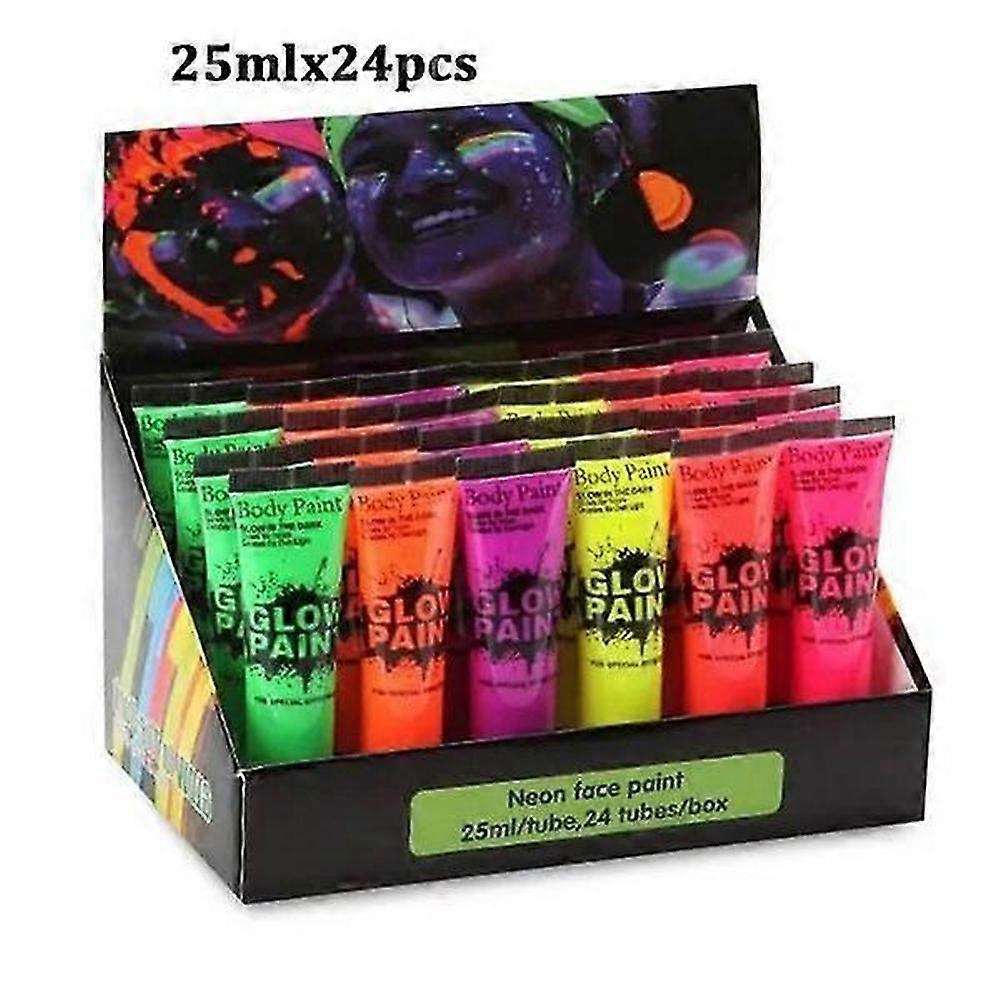 24-Piece Neon UV Fluorescent Paint Set for Face and Body, 6 Luminous Colors for Parties