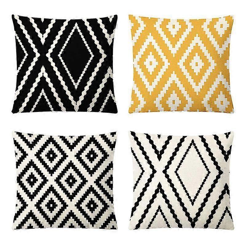 Minglan Set Of 4 Black Throw Pillow Covers, Rhombus Diamond Geometry Modern Theme Linen Moroccan Pillows Decorative Throw Pillows,18x18