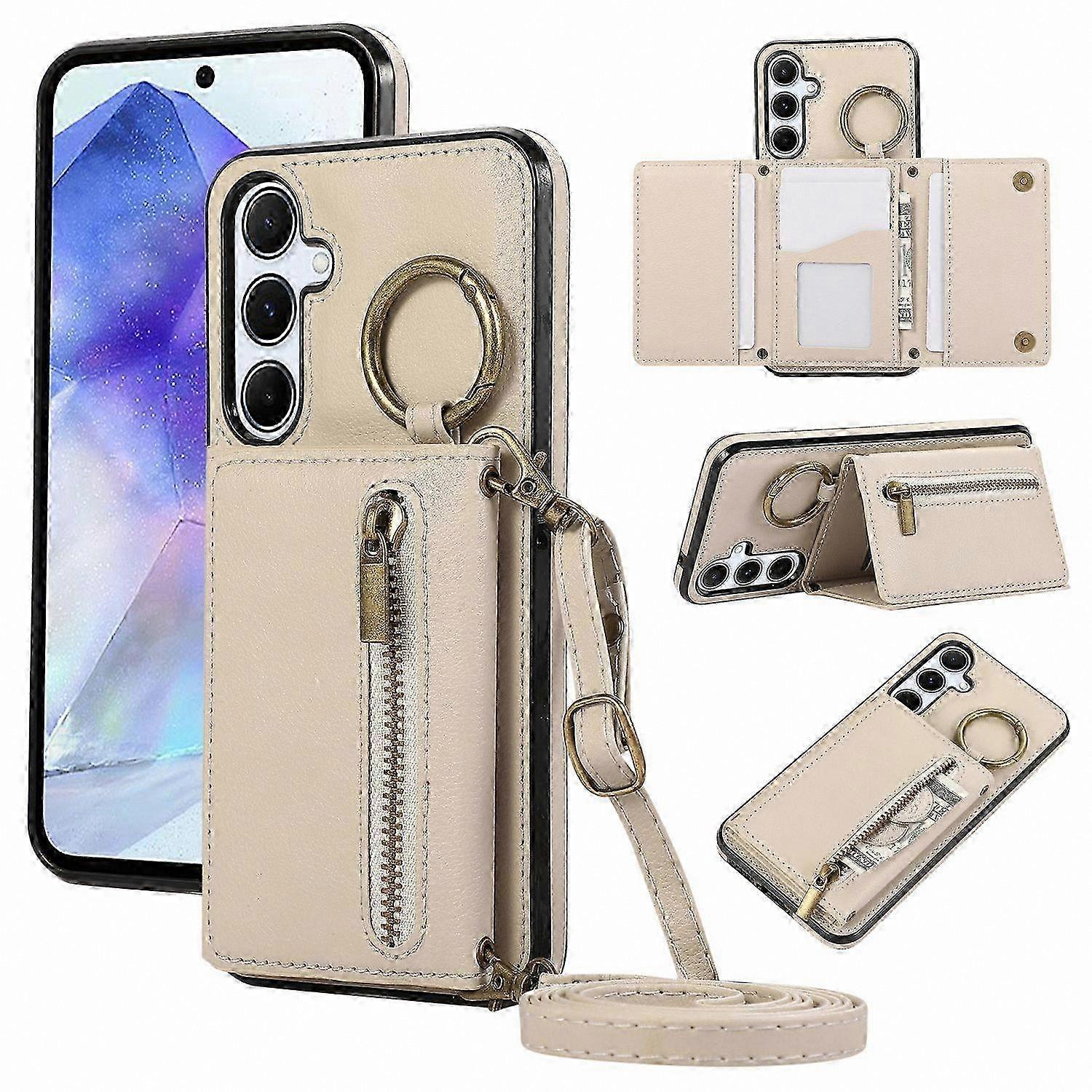 Leather Back Cover Zipper Wallet Kickstand Case with Shoulder Strap for 5G Smartphones