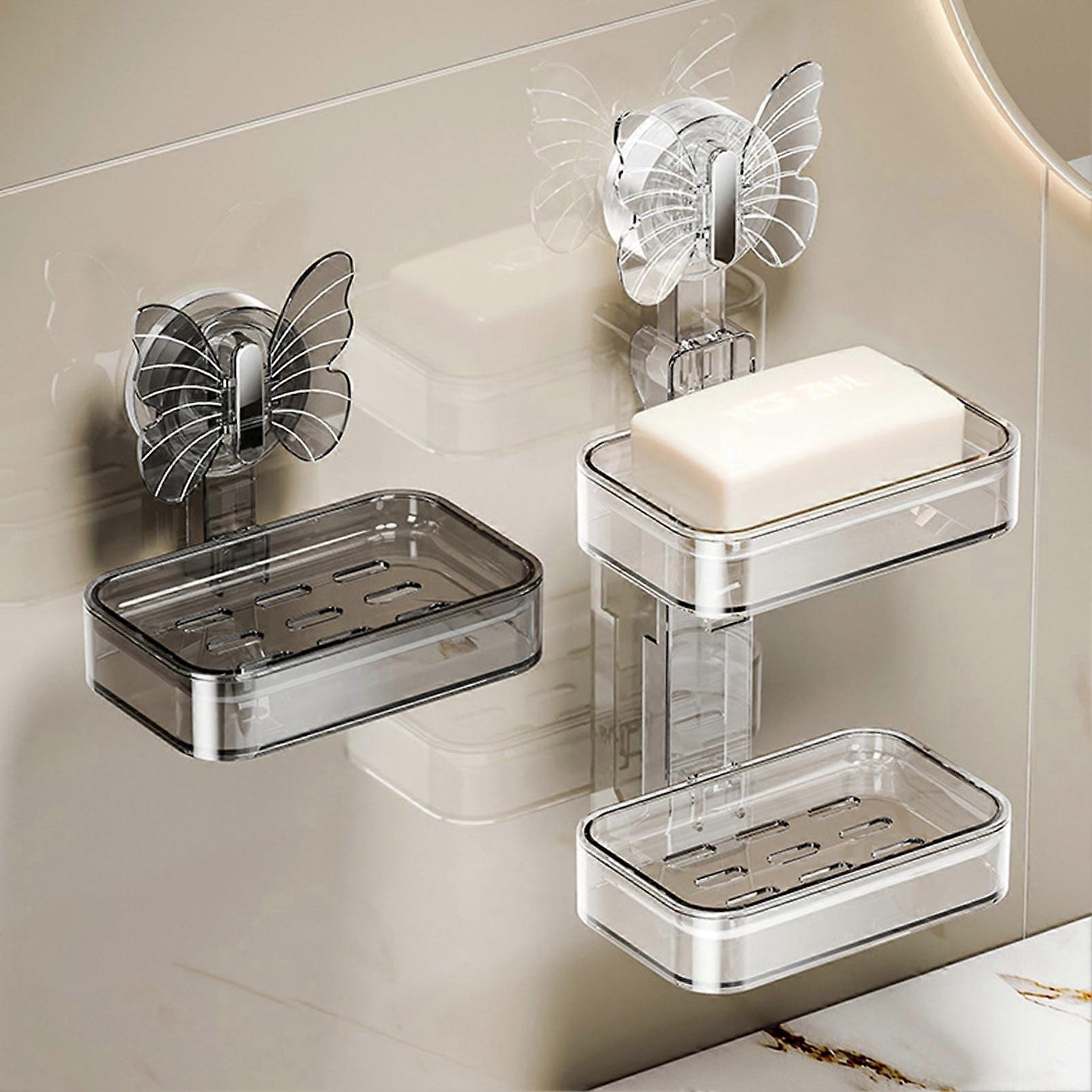 SUSUchens Bathroom Shower Caddy, Compatible with Suction Cup Shelf Organizer, Punch-Free Install, Double-Layer, Strong Load, Soap Holder, Clear Grey