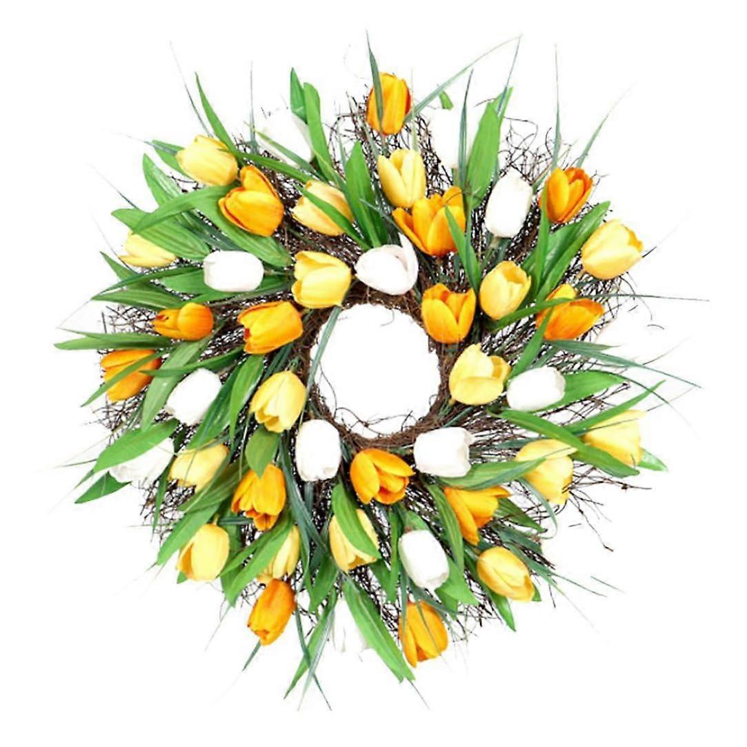 Spring Tulip Wreath 40cm Artificial Flower Garland for Front Door Decor Light Yellow Style2