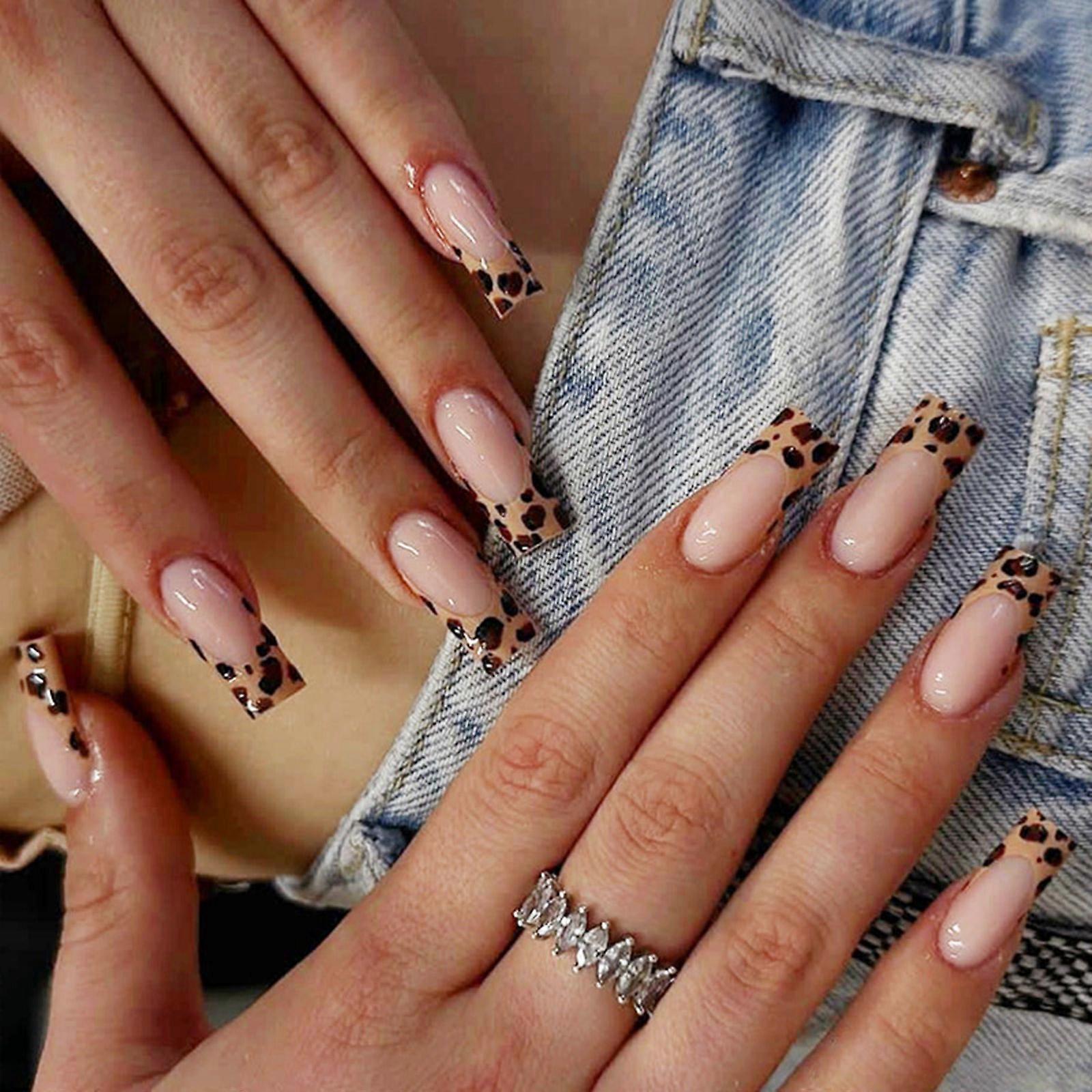 24 Pcs Leopard Print False Nails with Nails File Full Cover Stick on Nails Artificial Nails Long Coffin Press On Nails Multicolor