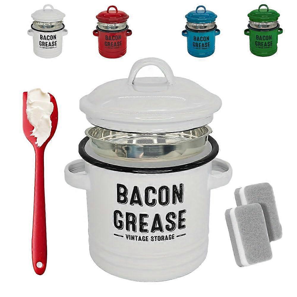 Bacon Grease Container with Strainer, 46oz Grease Storage Can, Fine Mesh Filter, Heat Resistant, White