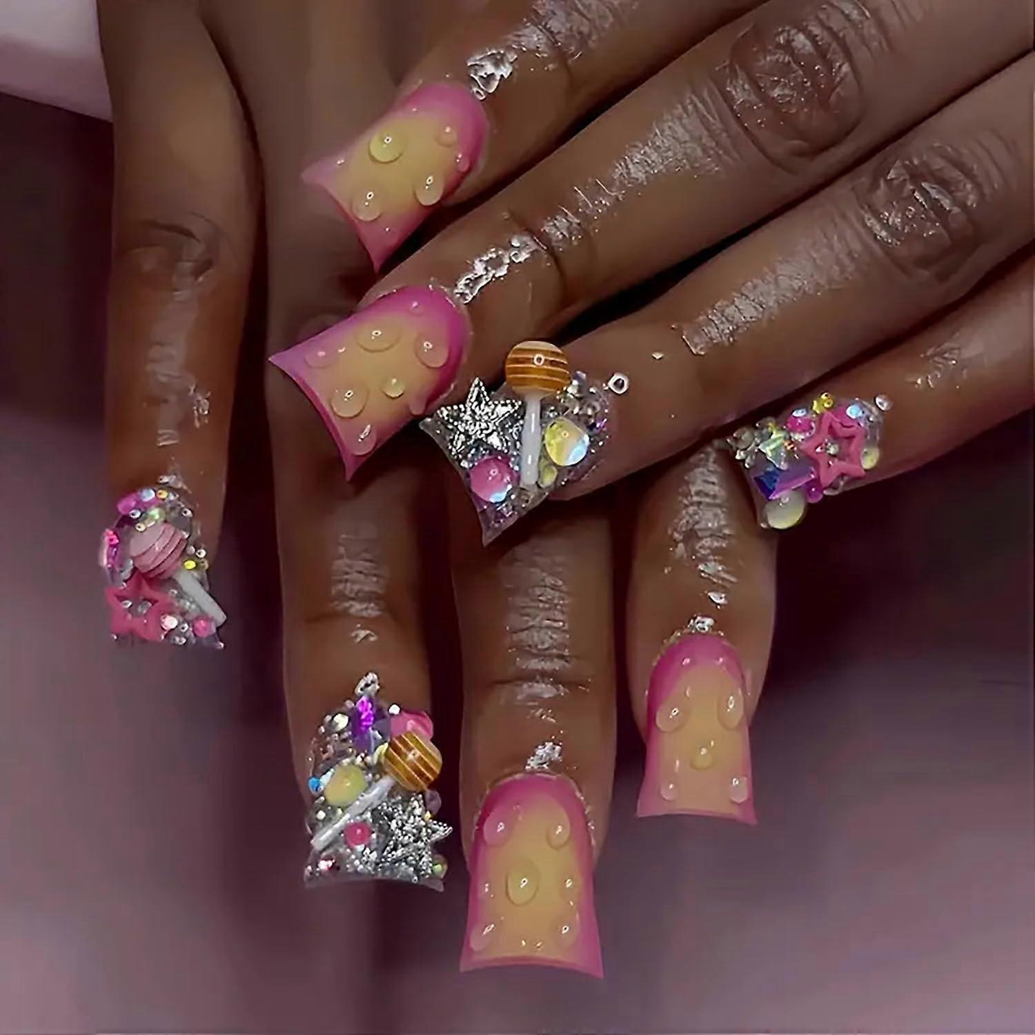 Pink Gradient Duck Shape Press On Nails with Rhinestones, Reusable Acrylic False Nails Set 24pcs