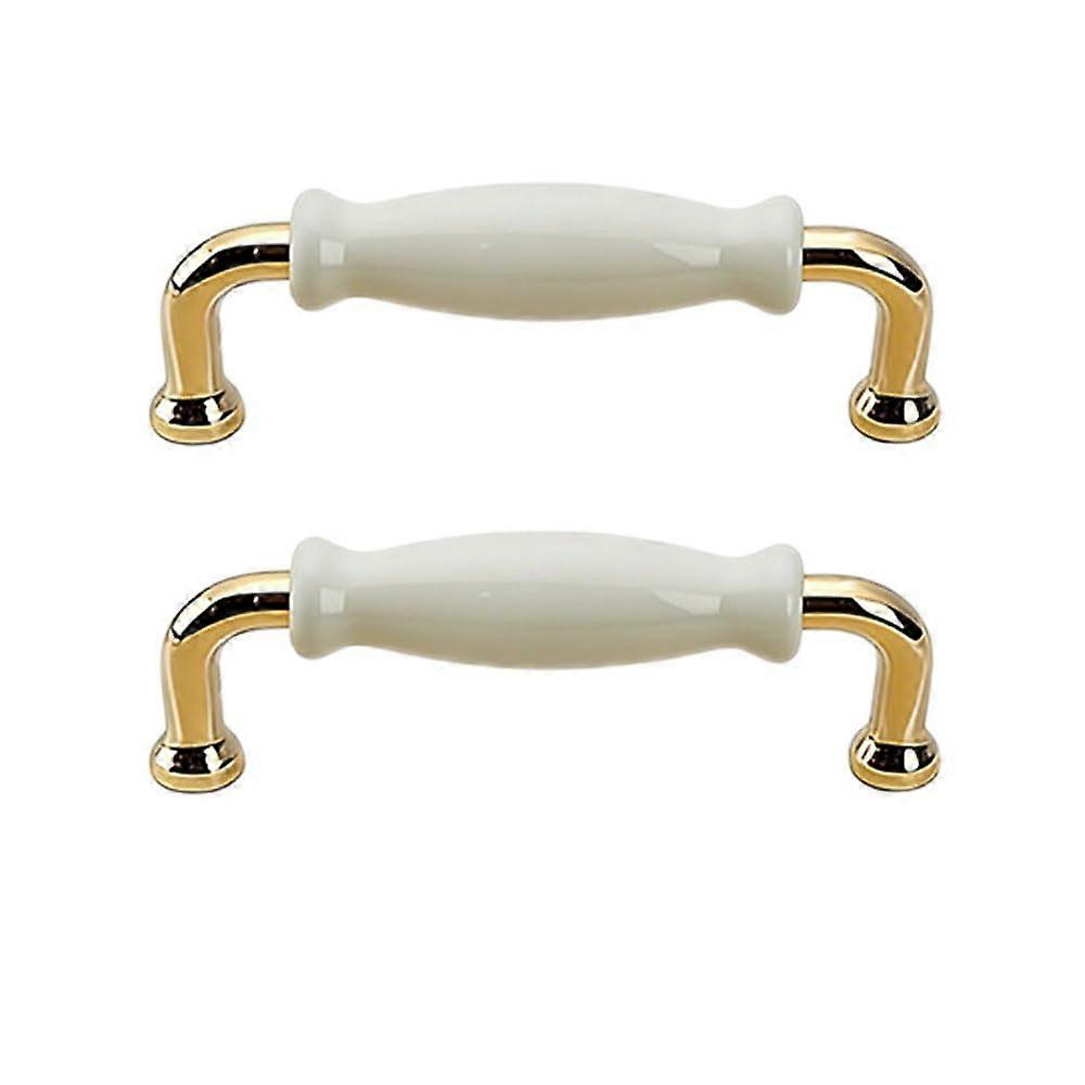 2 Pack Vintage Brass Cabinet Handles with White Ceramic Accent, Gold Arched Drawer Pulls 96mm