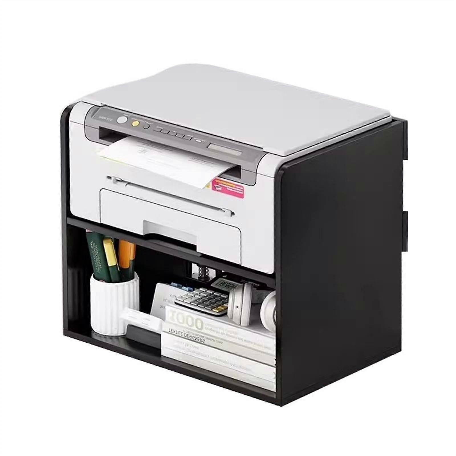 Black Printer Stand with Double Storage Shelf for Office Desktop Printer and Small Bookshelf