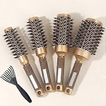 5-Pack Cylindrical Hair Styling Combs, Gold Aluminum Tube Brushes with Brown Woven Handle, Salon Curling Set with Cleaning Claw