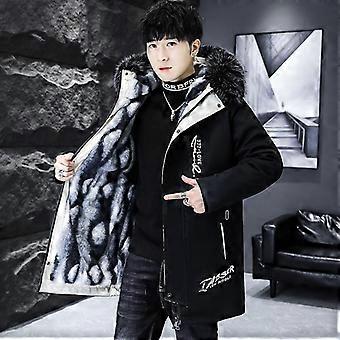 Men's Hooded Faux Fur Trim Parka Casual Long Sleeve Letter Print Thickened Winter Coat