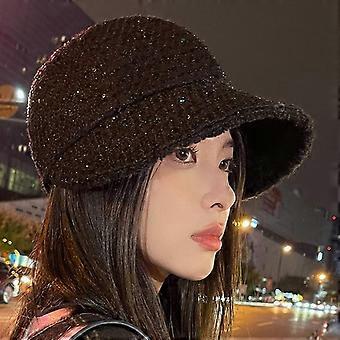 Wide edge shows the face, small sequined lamb wool cap, women's velvet warm versatile bucket hat, large brim, fashionable commute