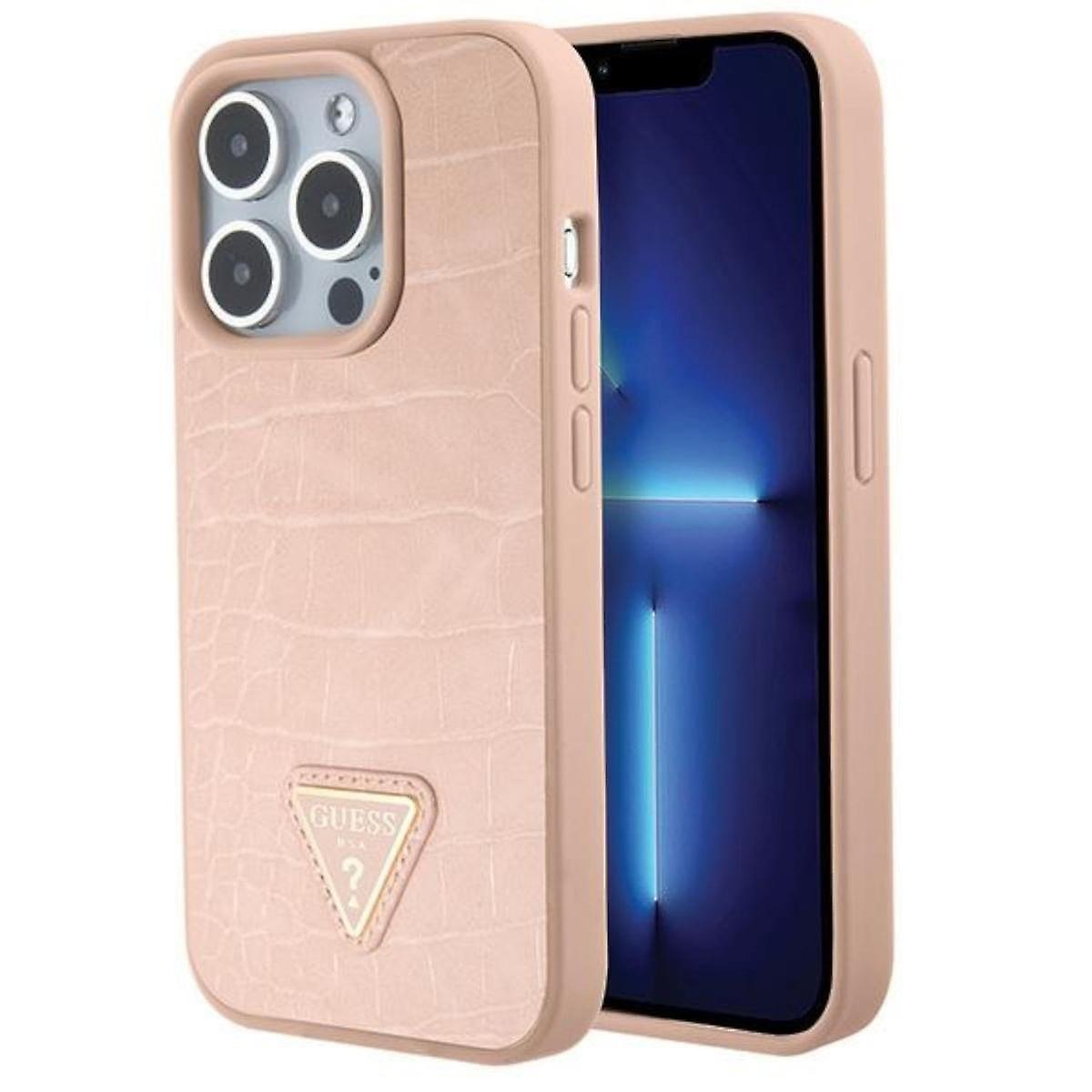 アップルを推測 iPhone 15 プロヒュルケース クロコトライアングルメタルロゴピンク