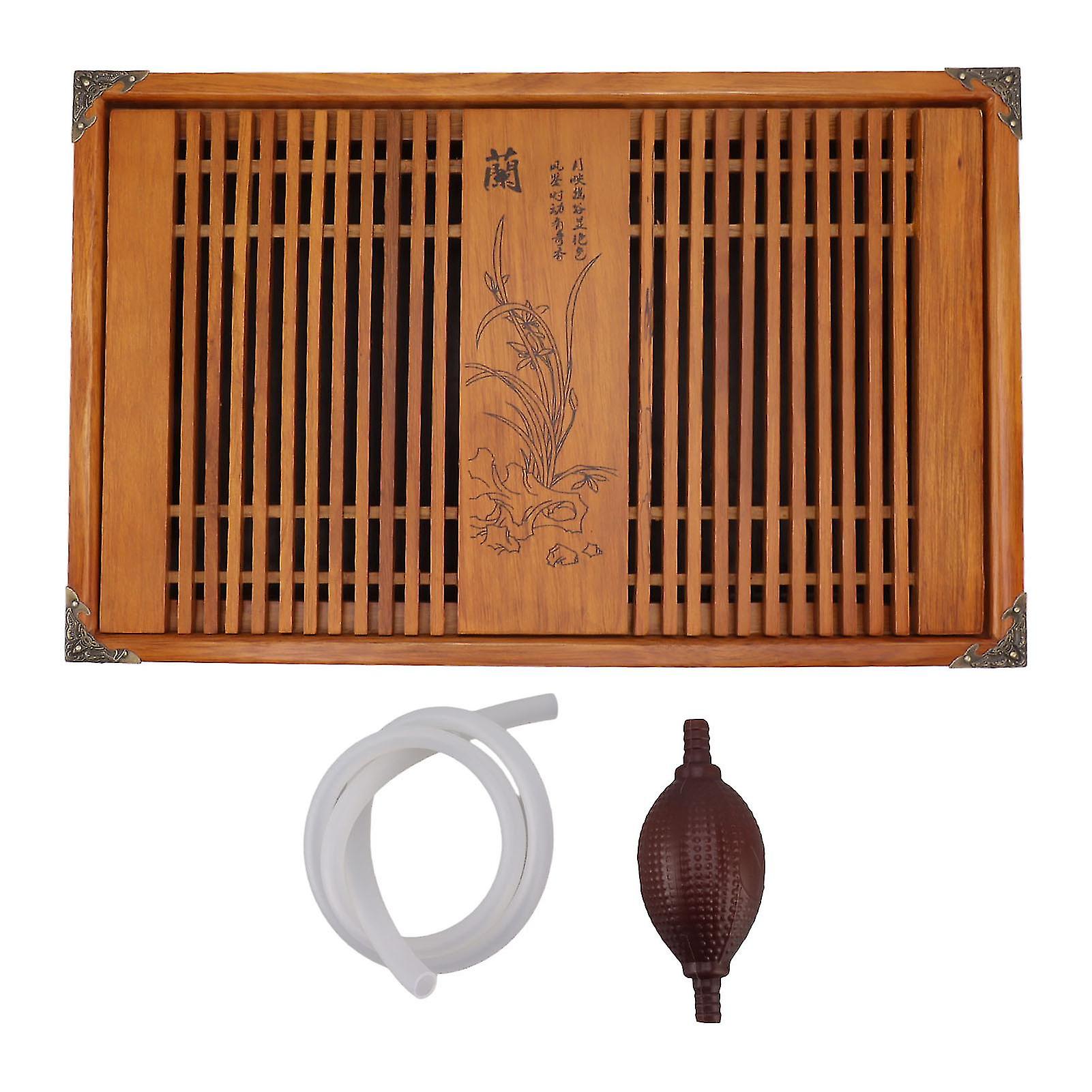 Chinese Kungfu Gongfu Tea Tray, Wooden Tea Tray with Drainage and Water Storage, Tea Table with Drain Pipe, Yellow Orchid