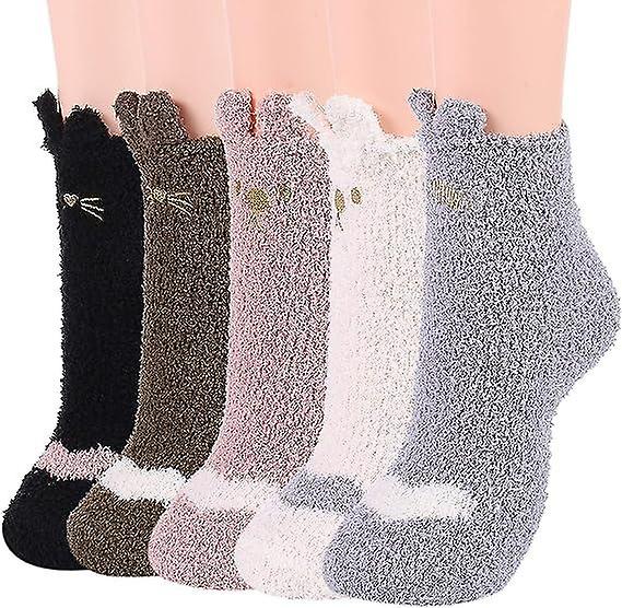 Women Fuzzy Socks Winter Warm Cozy Soft with Cat Pattern 5 Pairs