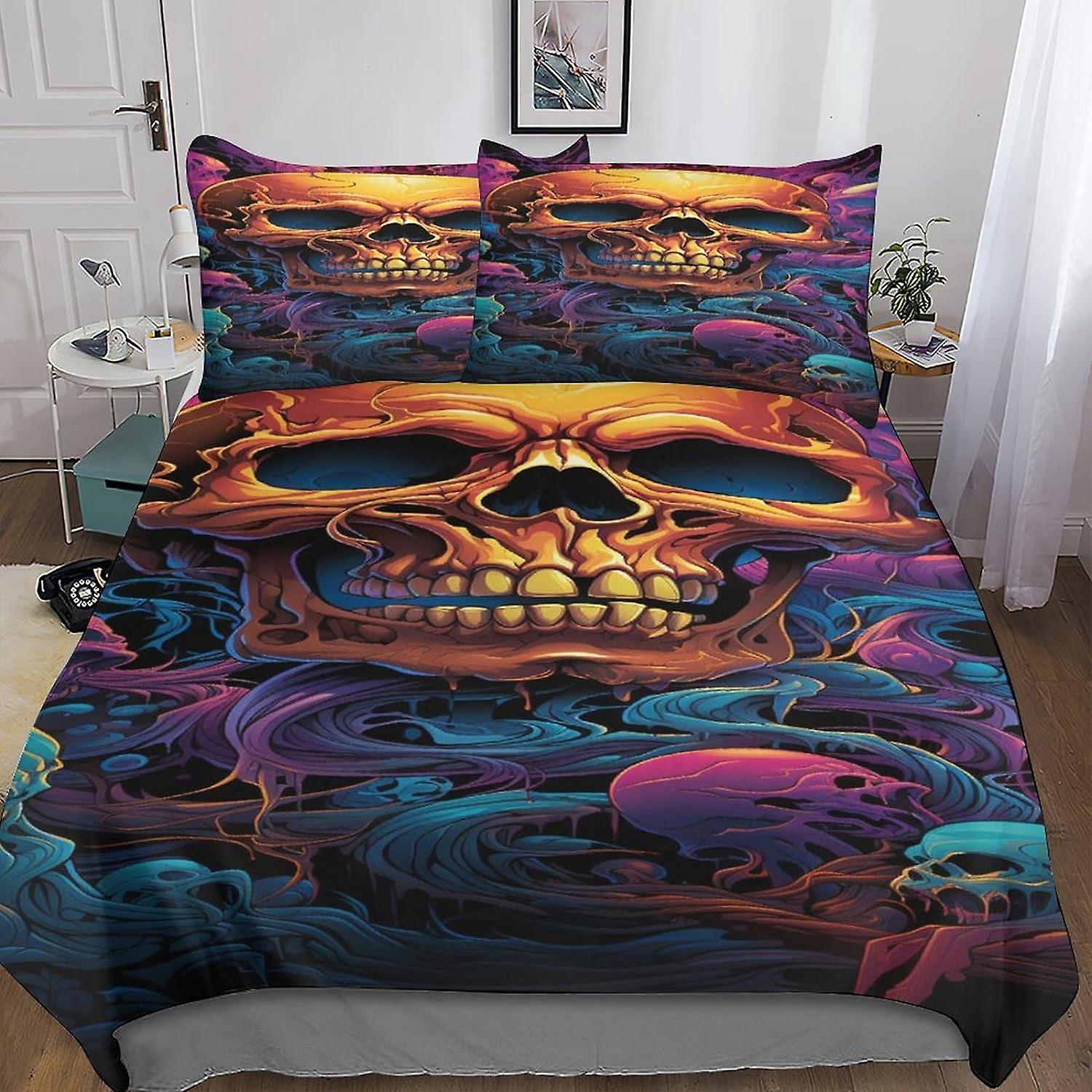 VCLUST Flowers Skull Duvet Cover Bedding Set,3D evil Skeleton Quilt Cover with Pillowcases, for Soft Microfiber Quilt Cover with Zipper Closure 3 Piec