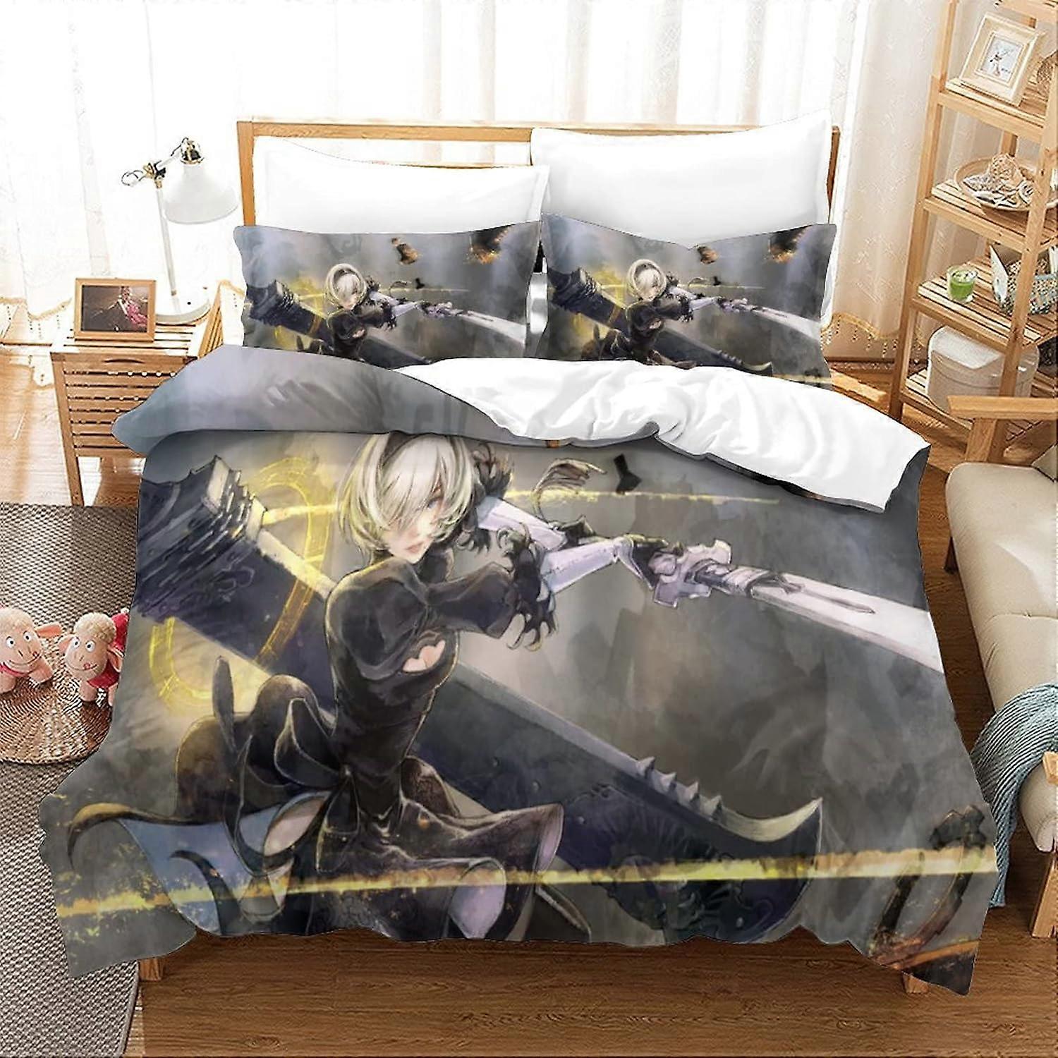 Nier Automata D Print sengetøj sæt Yorha ingen type B sengetøj sæt dynebetræk spil, mikrofiber dynebetræk sæt, blød og behagelig konge 135 * 200 CM