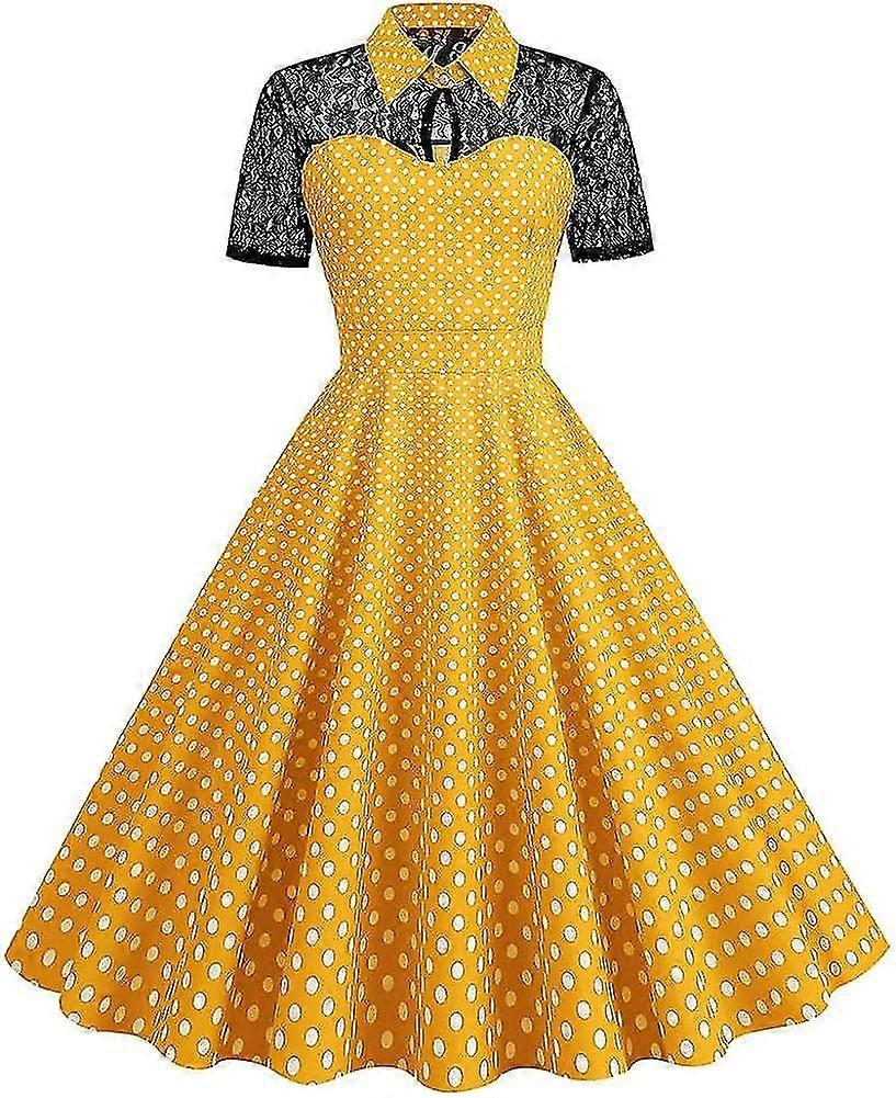 Kadın 1950'ler Vintage Dantel Puantiyeli Elbise Yaz Kısa Kollu Retro Kokteyl Düğün Resmi Parti Parti Salıncak Elbiseler-Yvan