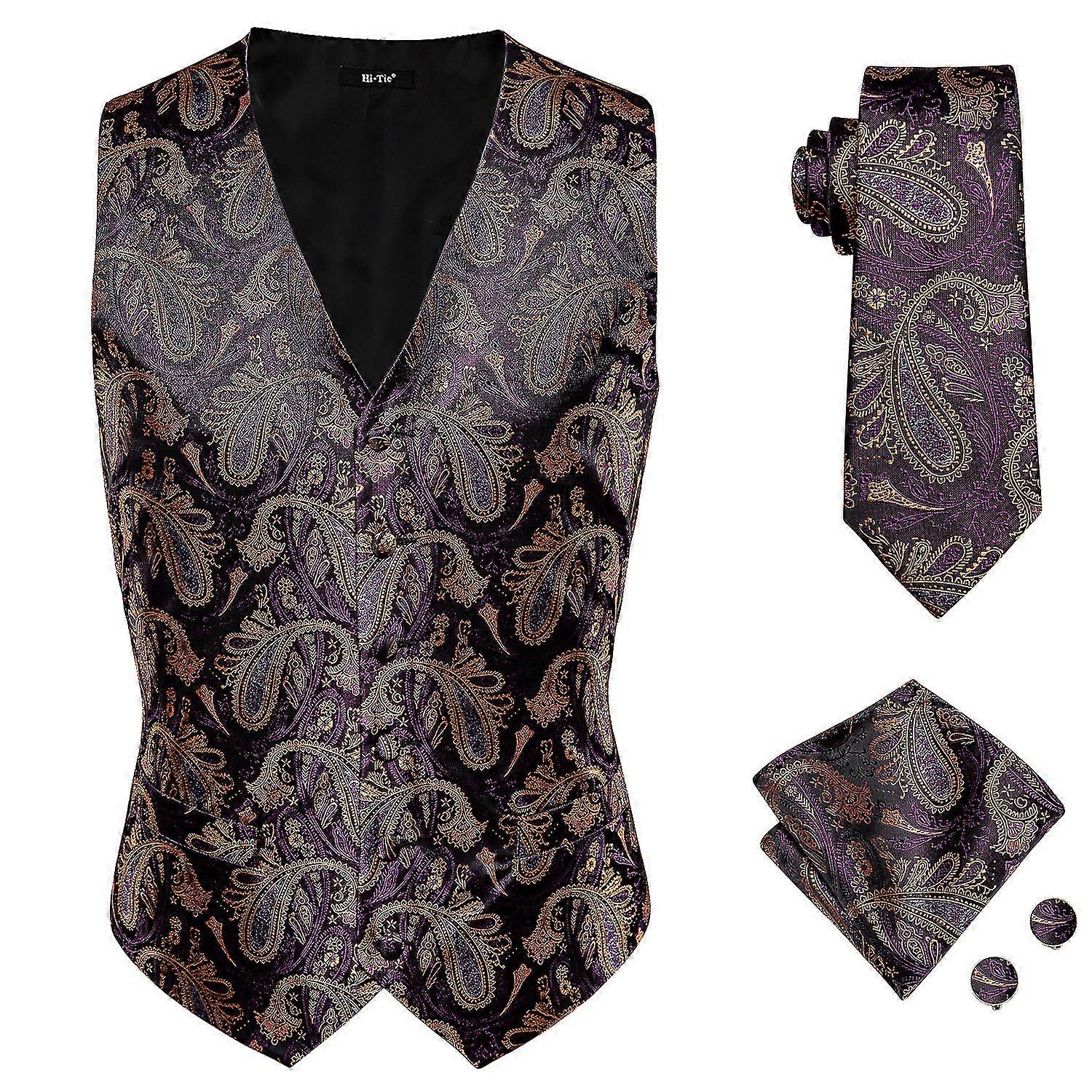 Luxury Jacquard Purple Gold Paisley Silk Men's Vest Necktie Set Navy Blue Burgundy Waistcoat Tie Hanky Cufflinks For Men