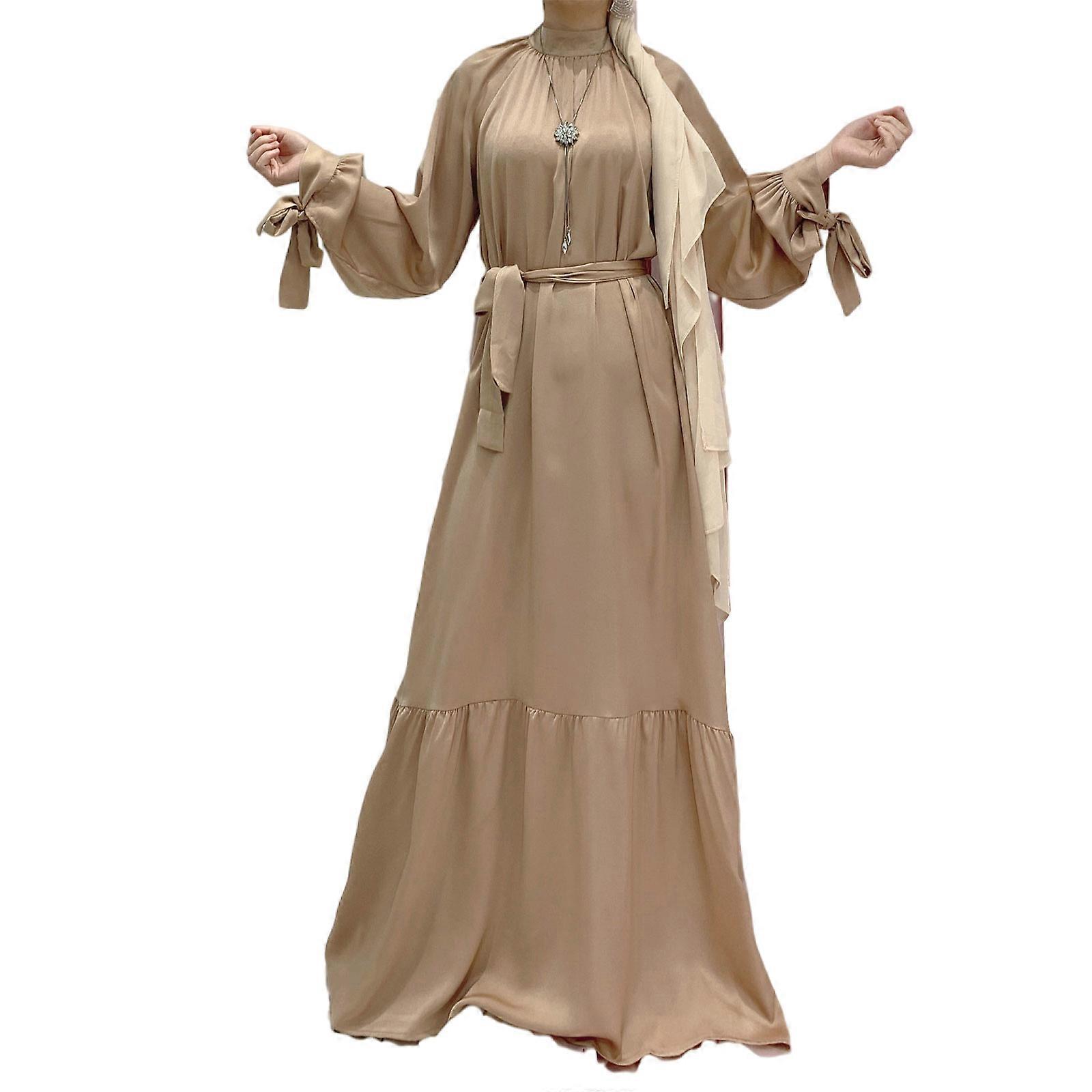 Basit Düz Renk Kaftan Müslüman Elbise Abaya İslam Dantel Up Akşam Parti Elbisesi