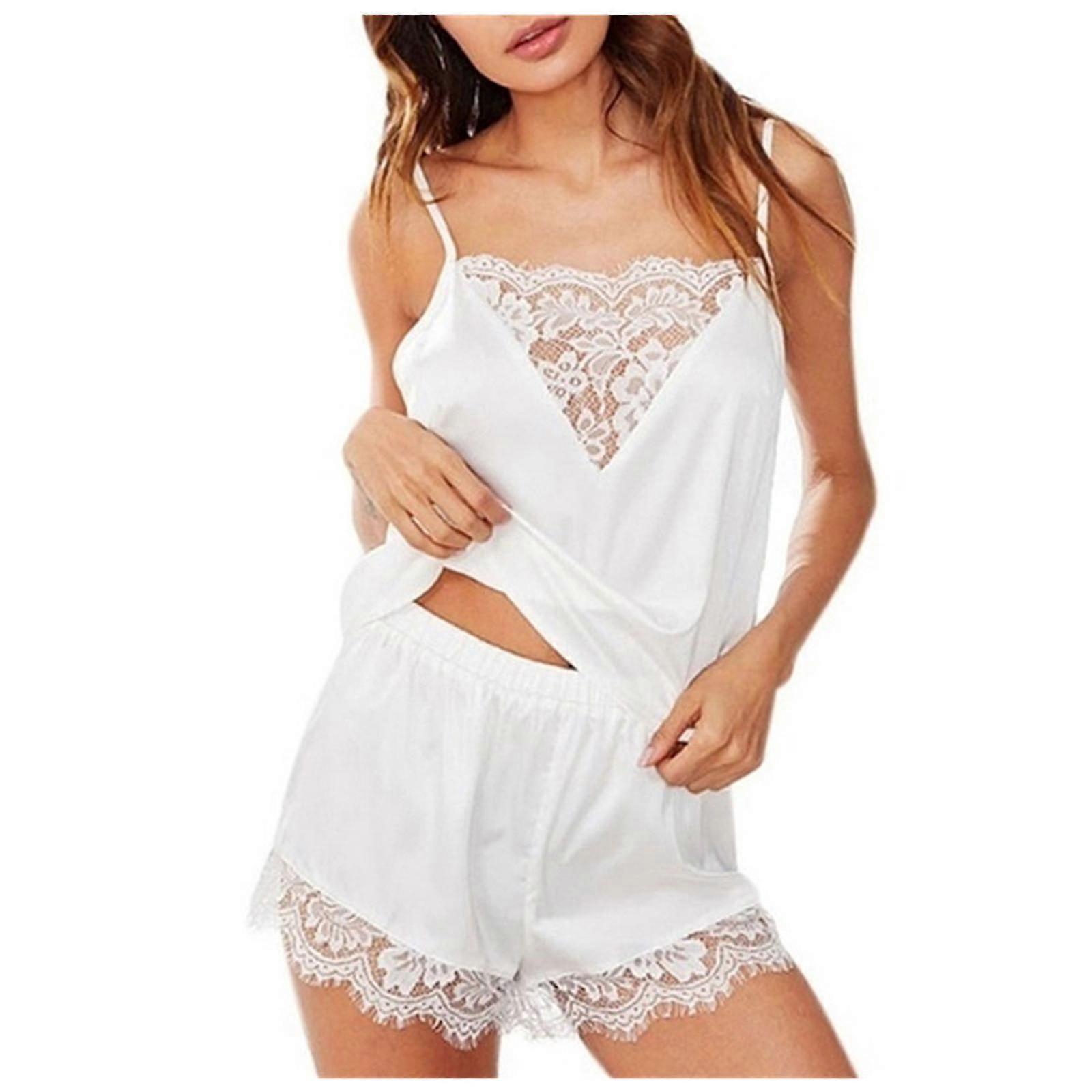 Dame Nattøy Ermeløs Stropp Nattøy Blondekant Sateng Cami Topp Pyjamassett