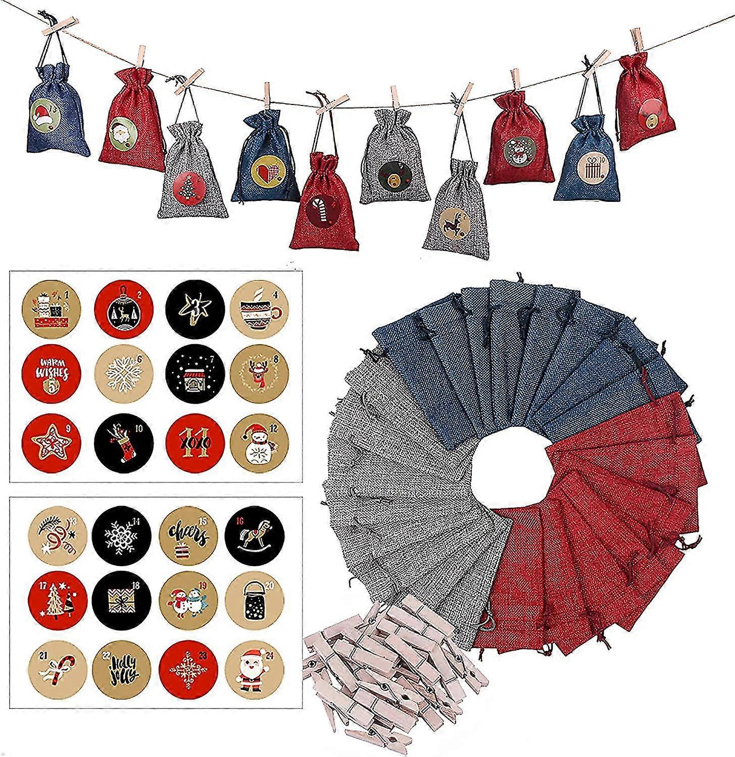 Set Of 24 Burlap Christmas Bags With Drawstring, Christmas Patterns, Candy Bags With Clips