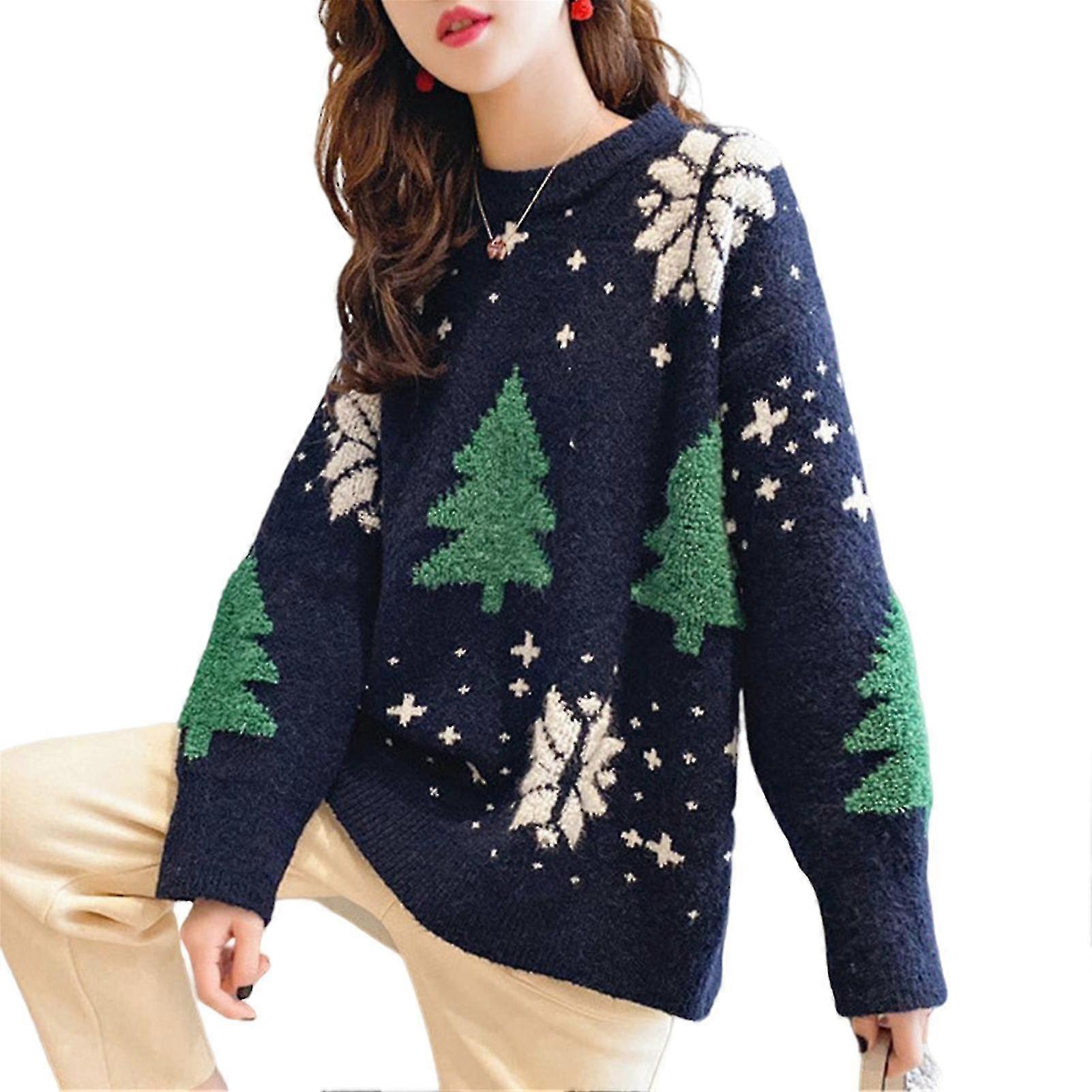Weihnachtspullover Frauen Weihnachtsbaummuster Pullover Gestrickt O-Ausschnitt Pullover
