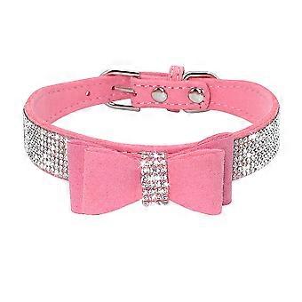 Rosa Strass Diamante Piccolo Cane Collare Pelle Scamosciata Bowknot per Cucciolo Gatto Ragazza Pet