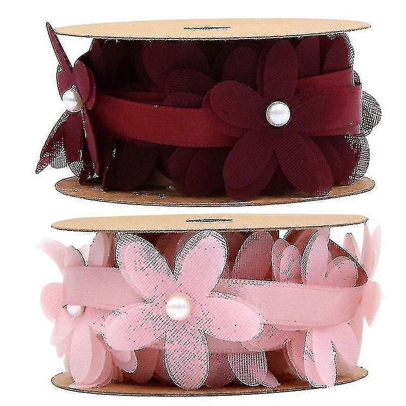 2mクリエイティブフラワーレースリボン布生地ガーランドリボンバンドギフトラッピング用品ウェディングDIYクラフト(クラレット、ピンクスタイル)の2ロール