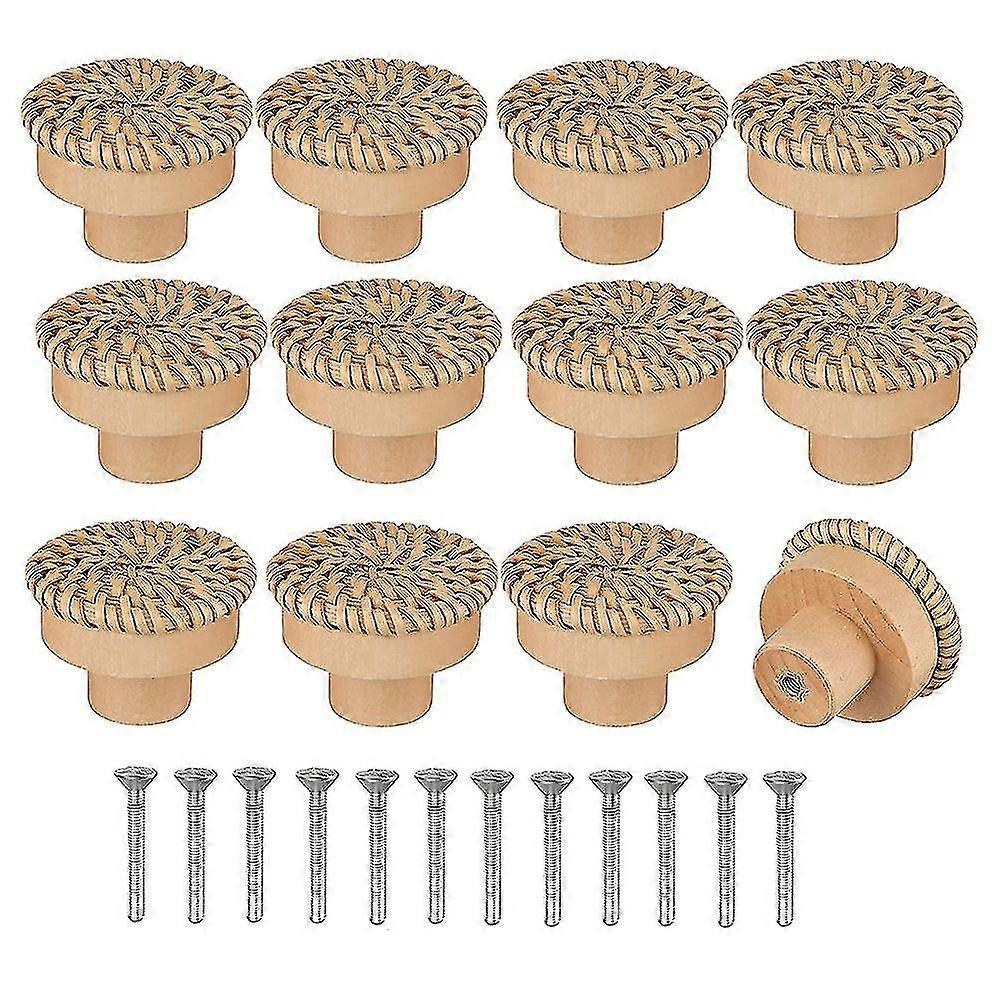Boho Rattan Dresser Knobs Round Wooden Drawer Knobs Handmade Wicker Woven And Screws For Boho Furni