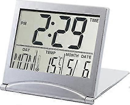 Desk Top Clock Silver Digital Lcd Temperature Alarm New Office Day Clock