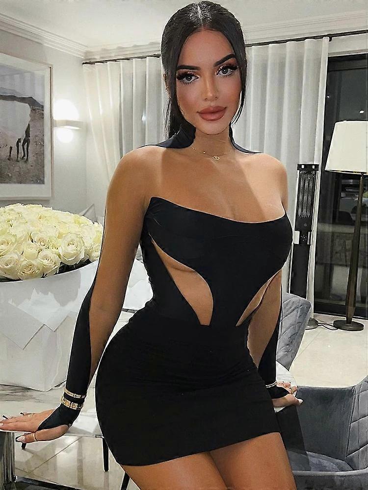 Hugcitar Frauen Mode Langarm Patchwork Mesh durchsichtig durch sexy Bodycon Minikleid 2024 Winterabend Party Club Y2K Kleidung
