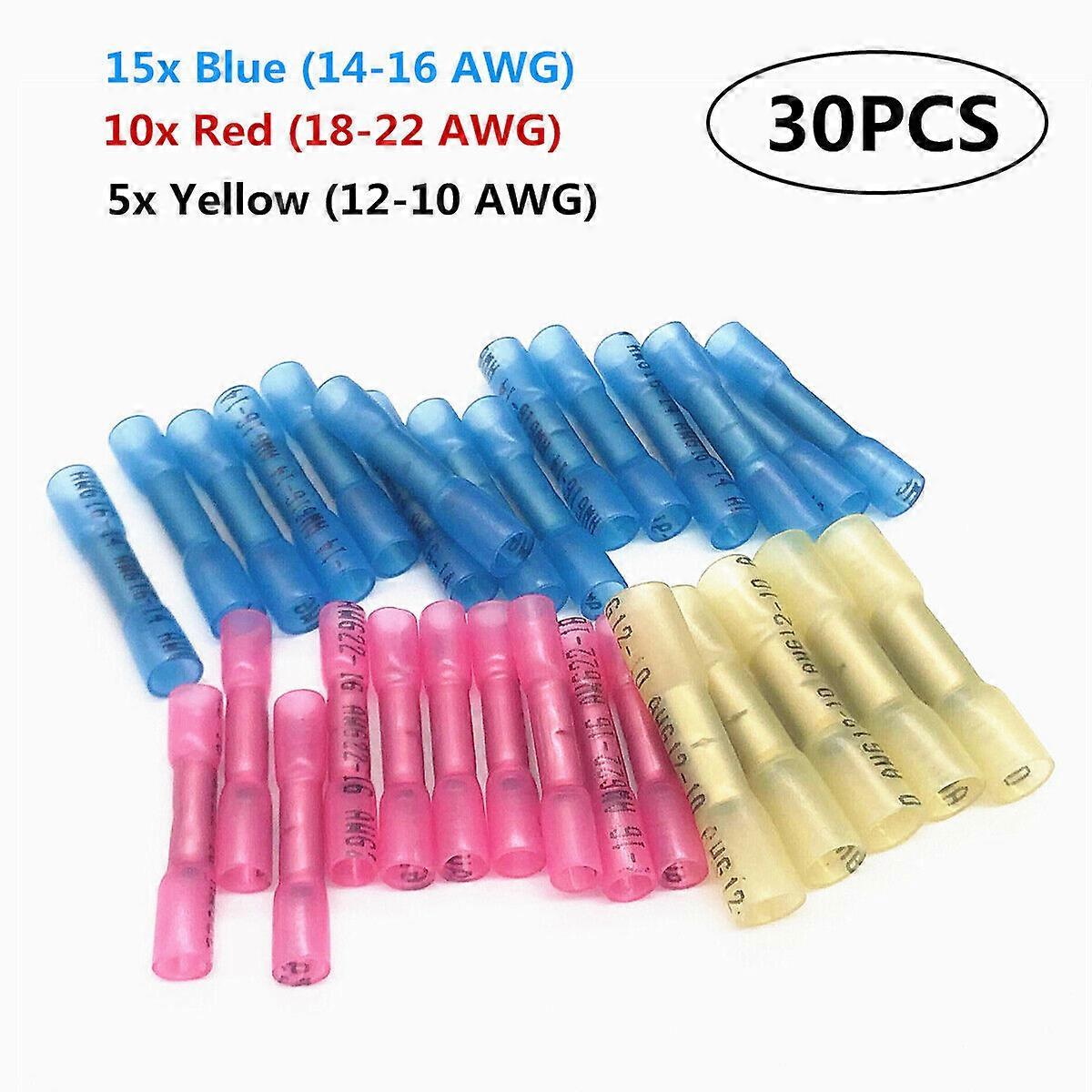 30Pcs Electrical Crimp Butt Terminals Seal Heat Shrink Waterproof Wire Connectors Splice 22-10AWG Kit Assortment