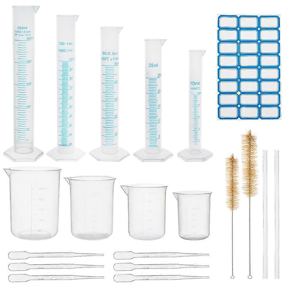 1Set Measuring Cylinder Tools Sets with Plastic Measuring Cylinder & Cup Glass Stirring Rod Pig Hair Test Tube Brush Plastic Pipettes Sticker Labels C