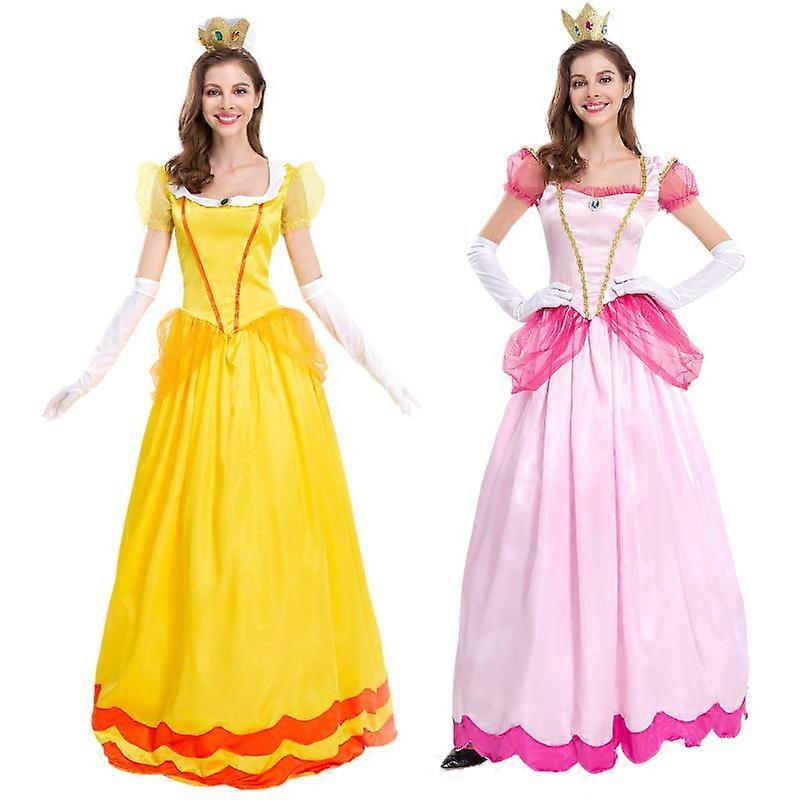 Women's Super Mario Peach Cosplay Costume Pink Princess Dress + Gloves + Headdress Outfits Set Carnival Party