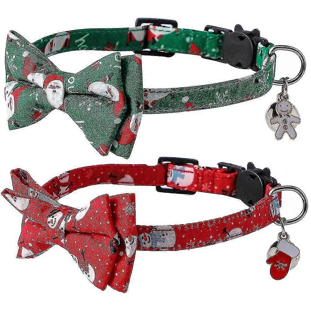 2 Pack Christmas Cat Collar Breakaway With Removable Bow Tie With Bell Adjustable Christmas Pattern