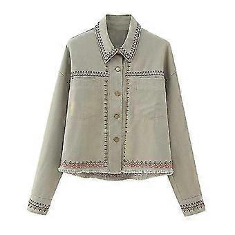 Woman Fashion 2023 Autumn Outwear Embroidery Long Sleeve Single Breasted Jacket Female Crop Tops Vin