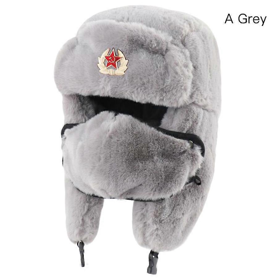 Soviet Ushanka Russian Fur Hat with Badge Army Soldier Winter Cap, Gray