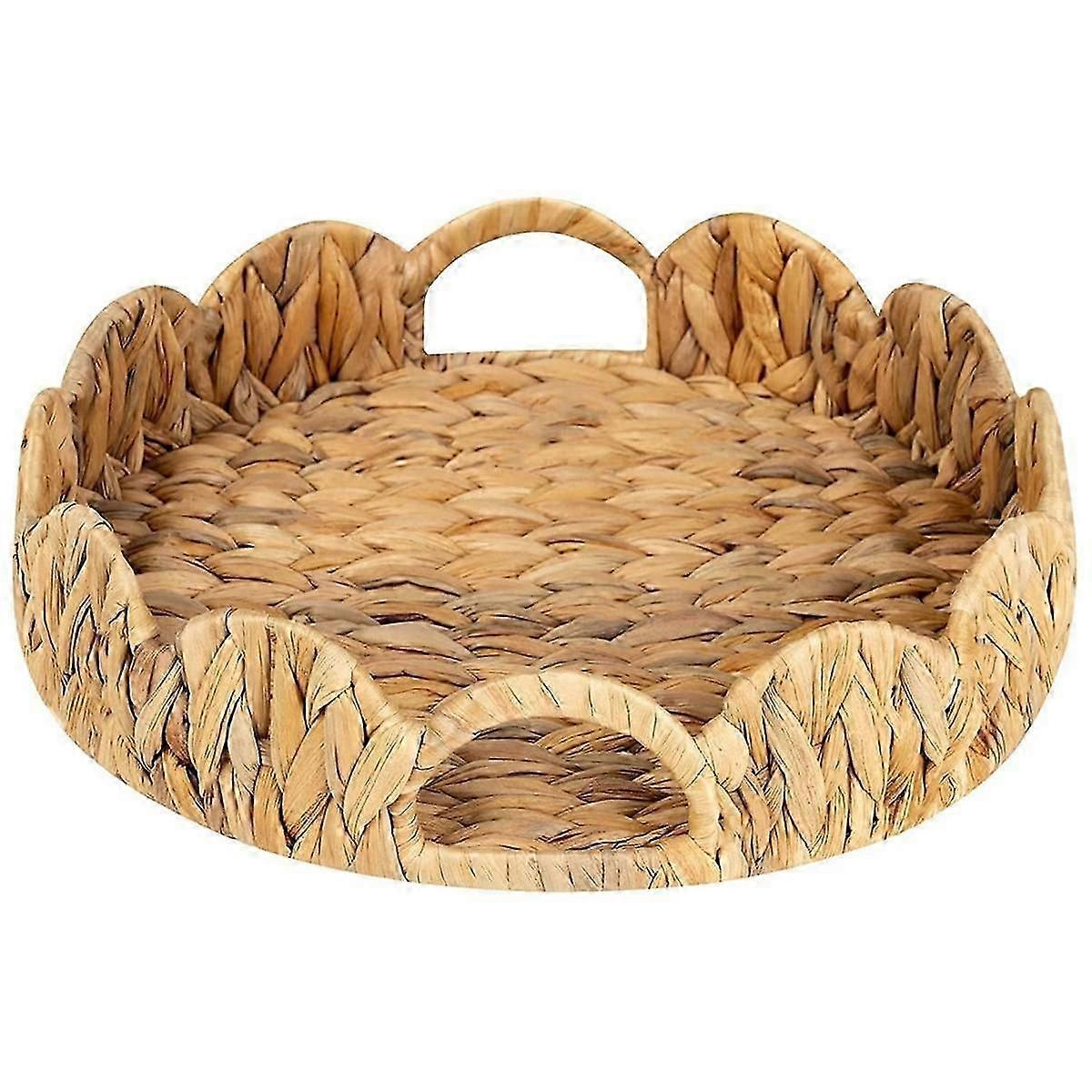 Scalloped Edge Round Tray, Round Serving Tray with Built-in Handles, Decoratve Tray for Coffee Table, Rattan Tray