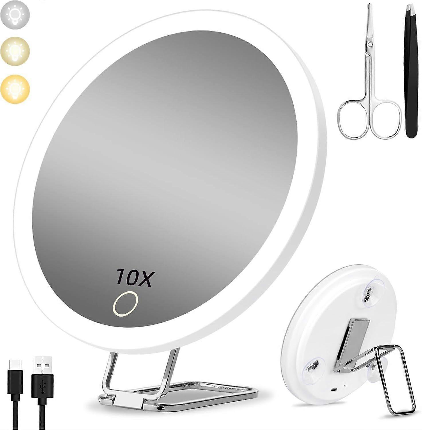 10X Magnifying Mirror with Light, 15cm 3 Color Modes Dimming Mirror 3 Suction Cups and 360 Table Stand