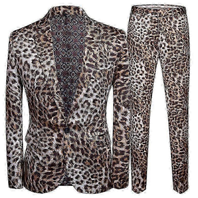 Mens Casual Leopard Pattern Blazers Pants 2 Piece Suit Set