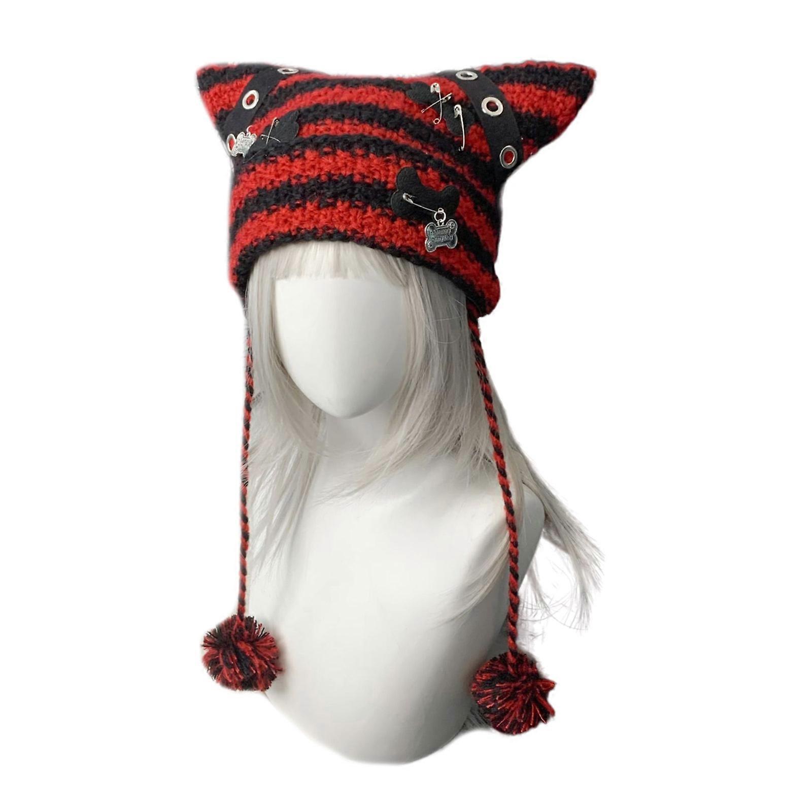 Striped Beanie Girl Y2K Punk Bone Party Hat Knitted Hat Streetwear Thicken Beanie Cat Ear Hat Harajuku Photo Props  black red
