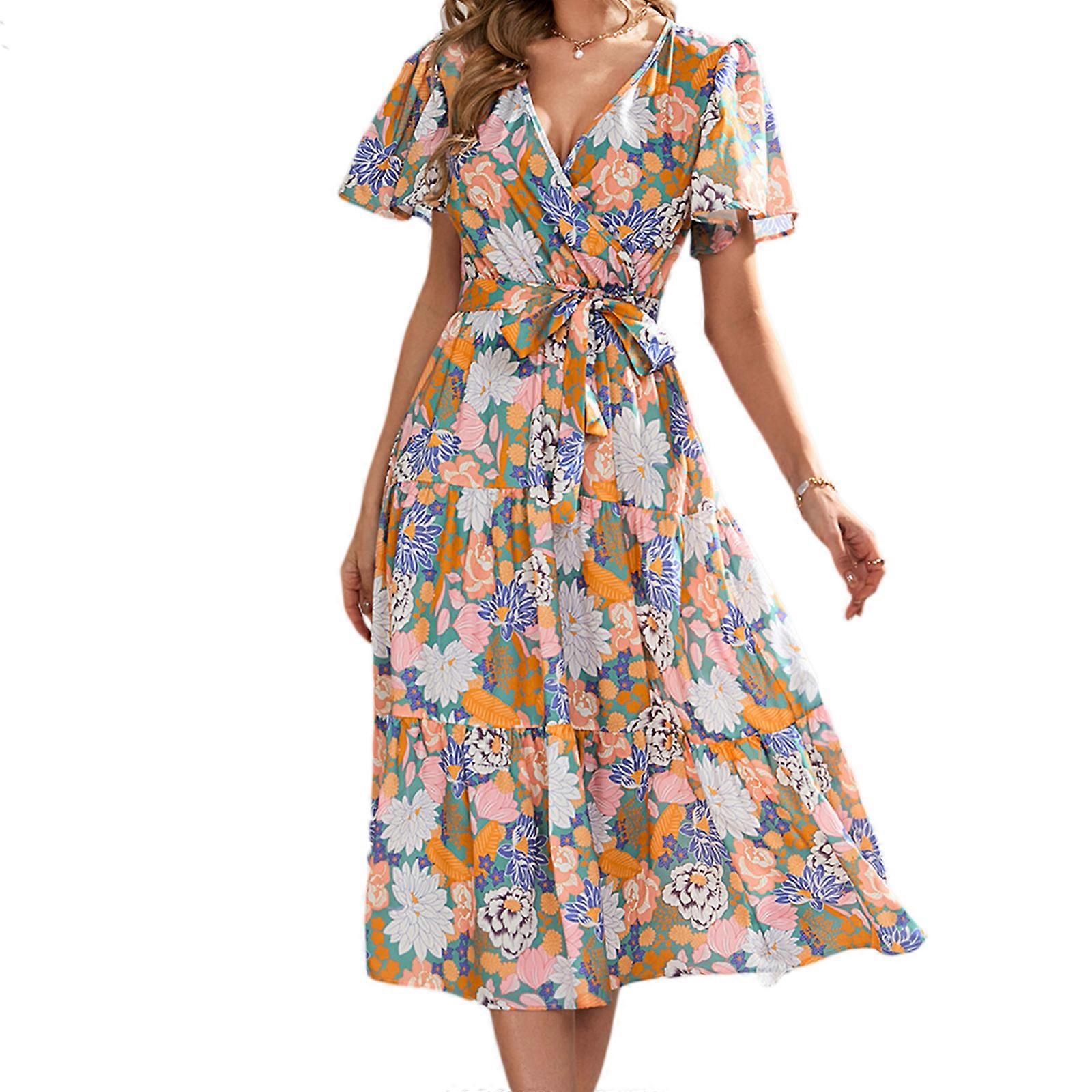 Bayan Çiçek Baskılı Elbise Yaz V Yaka Elbise Kadın Kısa Kollu Elbise Kadın Parti Elbise Moda Tatil Elbise Sarı XL