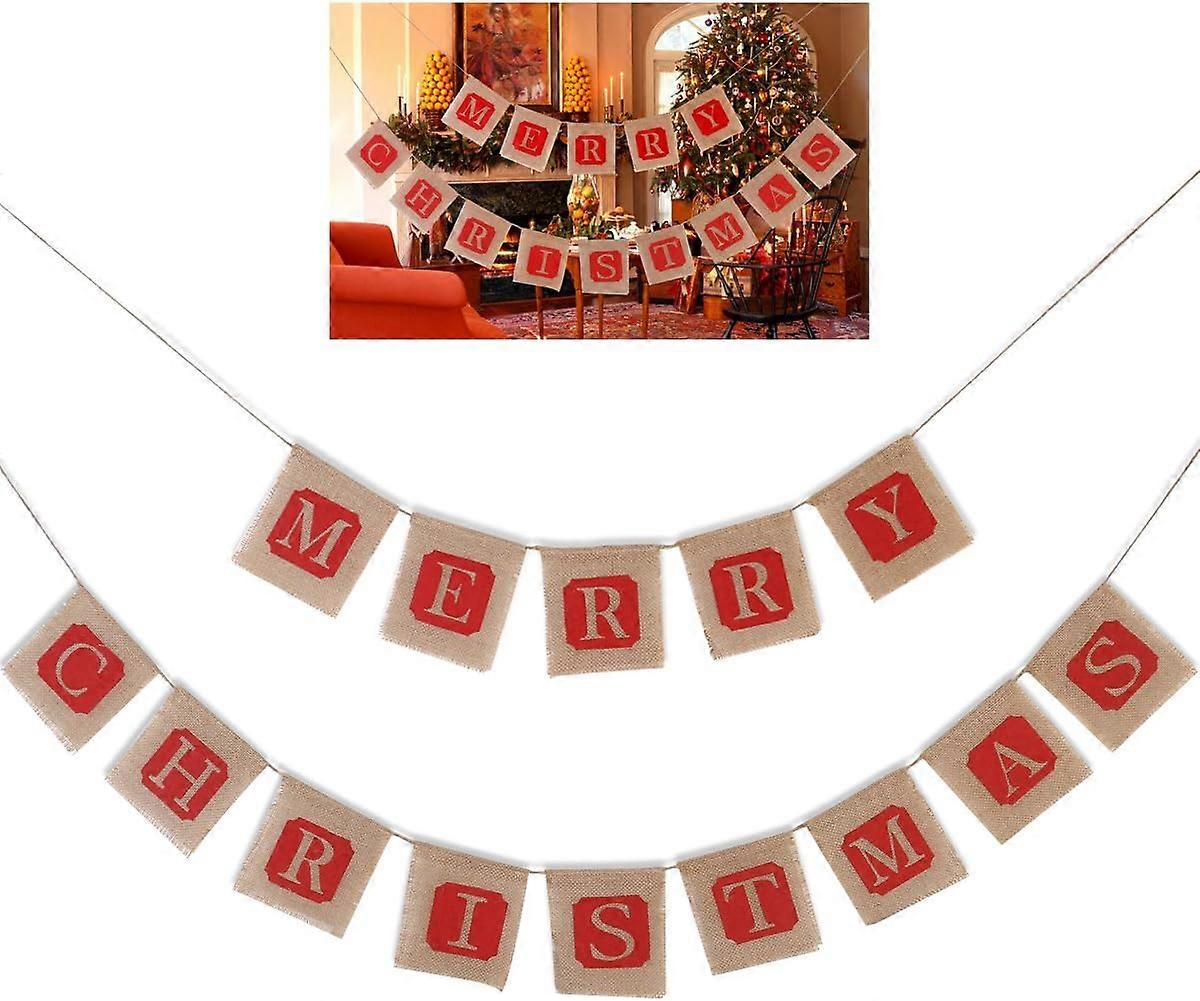 Home Chimney Decorations, Burlap Merry Christmas Banner With Red Bows, Reusable And Ideal For Christmas Party Atmosphere