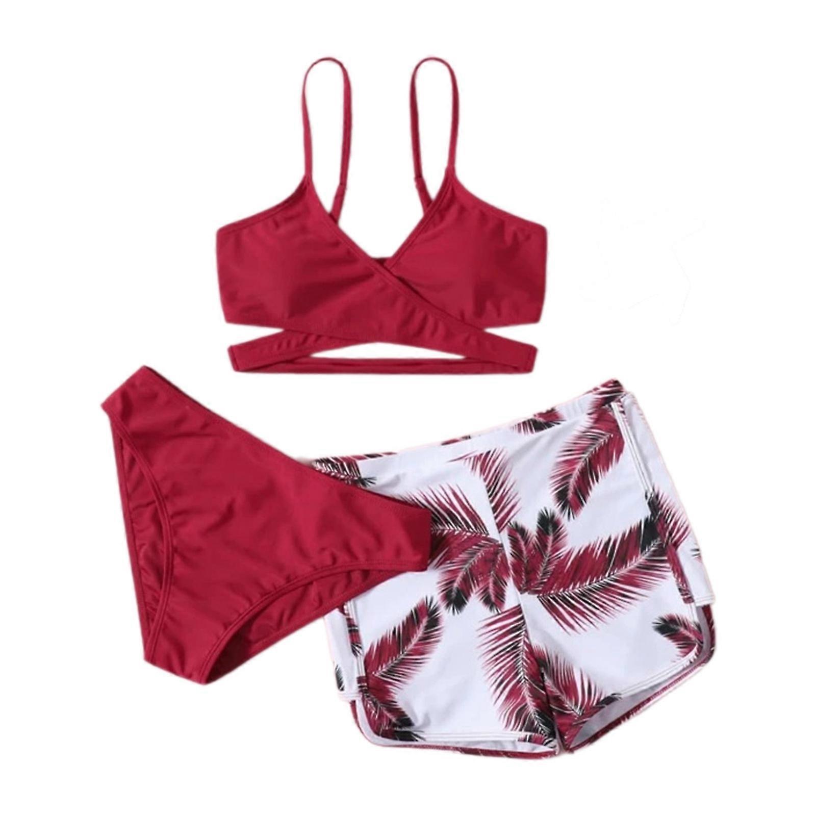 3PCS Women Triangle Bikinis Set with Beach Swimming Shorts, Deep V Neck Bikinis Top and Bottom, Bikinis Swimsuits Red XL