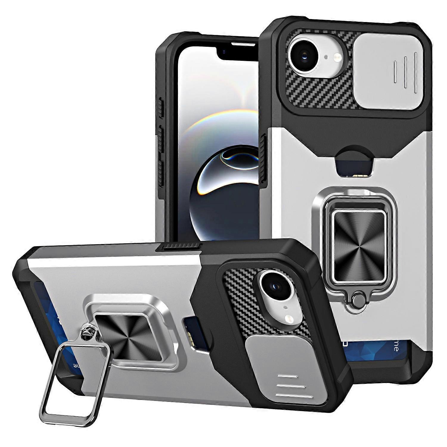 iPhone 16e 用ケース キックスタンド スライドレンズ リッド PC + TPU 携帯カバー カードスロット付き - シルバー