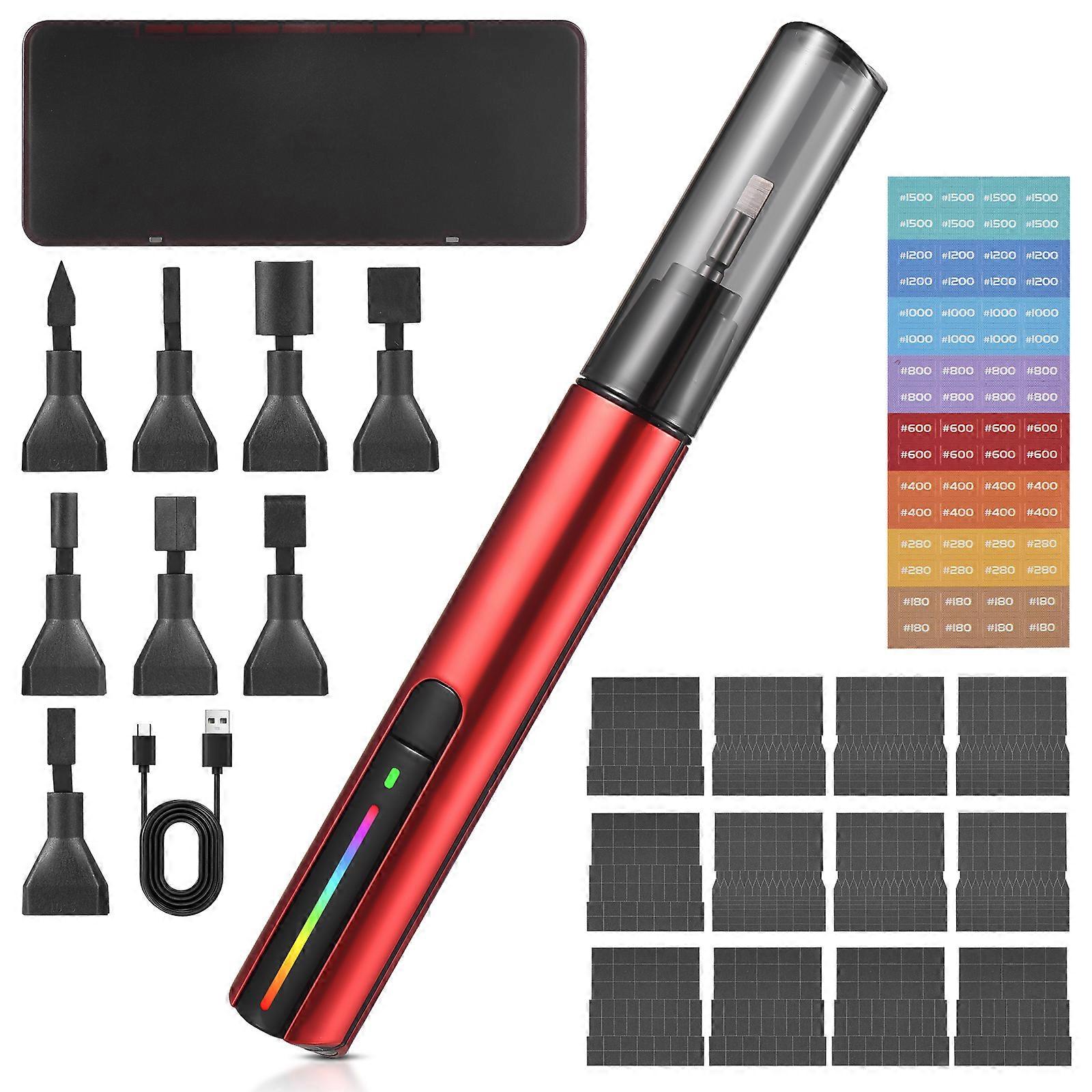 Reciprocating Detail Sander Tool with 8pcs Sanding Head 3 Speed Adjustable Colorful Light Cordless USB Charging Electric Pen Sander with 12 Sheet Sel