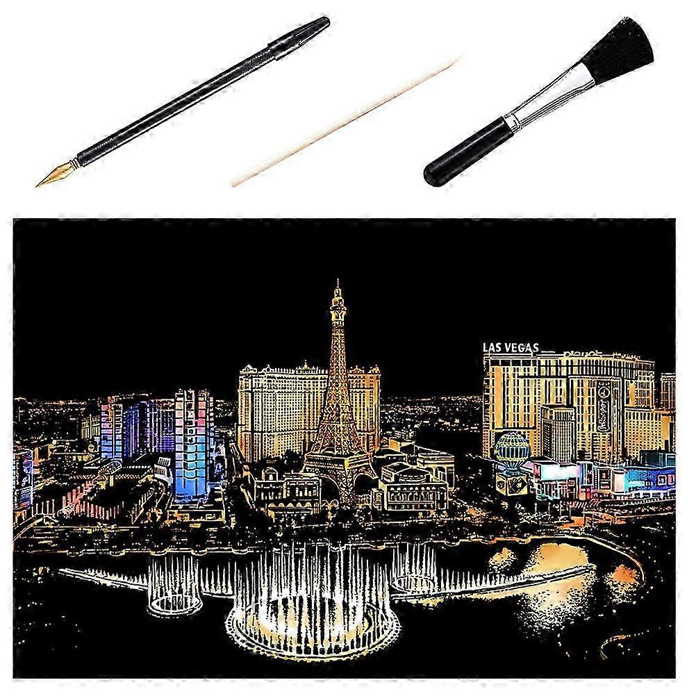2025 1 Set of 4pcs DIY Scratch Picture Las Vegas Nocturne Scratching Drawing Painting Paper Scratchboard with Bamboo Stick Gold-plated Pen Brush