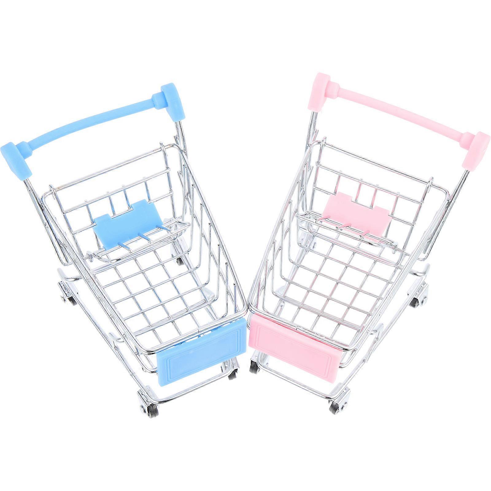 Tiny Shopping Cart Mini Shopping Trolley Supermarket Style Desk Accessories Holder Metal 2Pcs