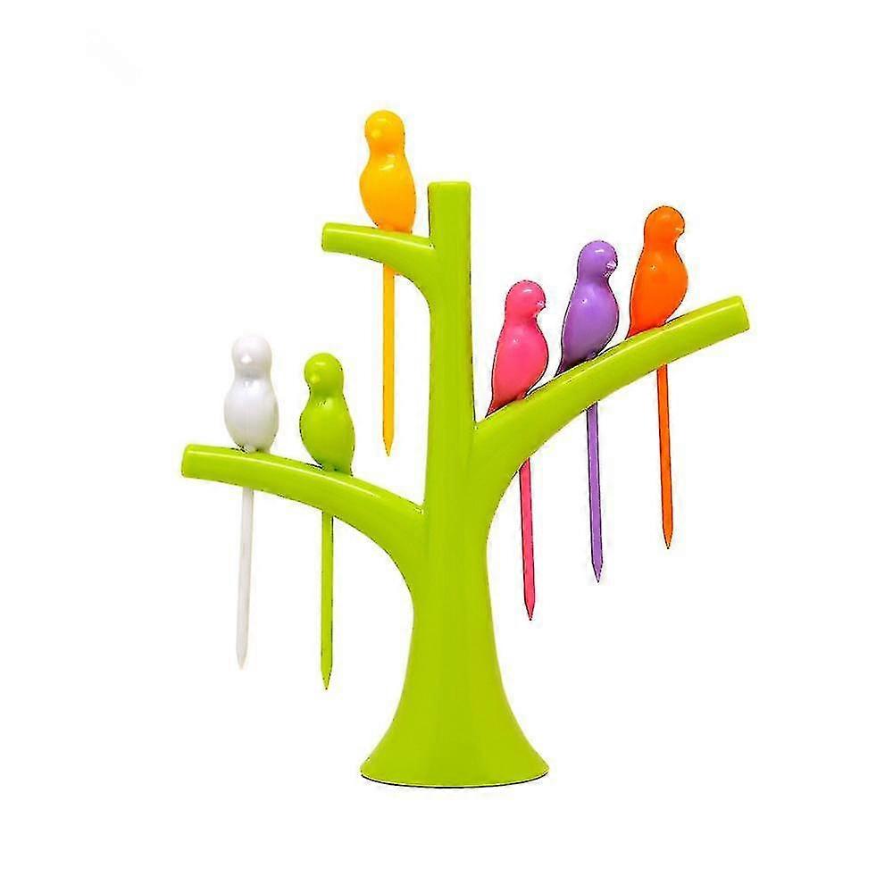 6pcs Bird Shaped Plastic Fruit Forks and 1pc Tree Shaped Holder Toothpick Fruit Tool for Party and Home Decoration, Suitable for Various Occ