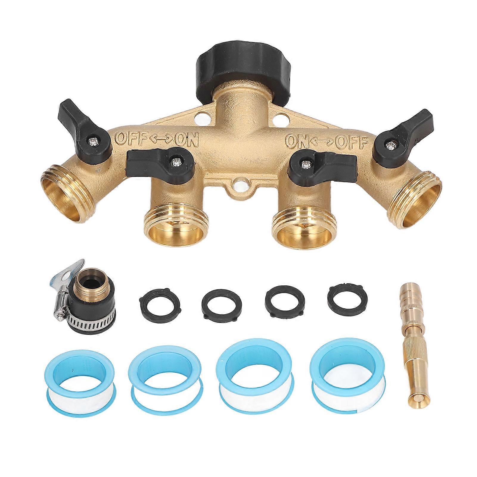 3/4in Hose Faucet Manifold Splitter 4 Way Brass Pipe Split Connector Garden Hose Distributor